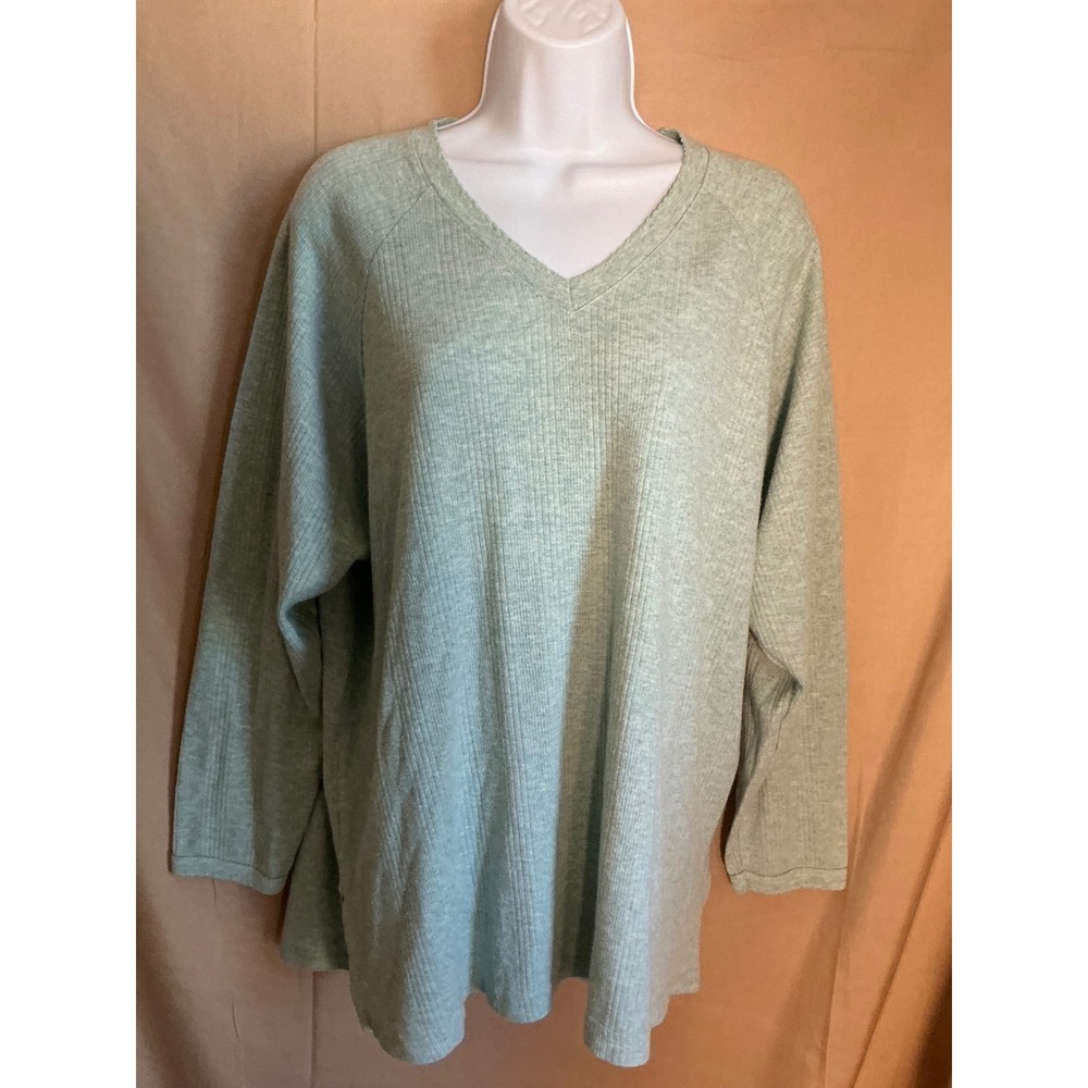 Cherokee Ribbed V-Neck Top Womens XL Sage Green Excellent Long Sleeve Raglan